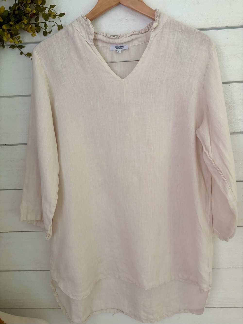 Rosemarine 100% linen top high low tunic roll up sleeve ruffle neck women’s S